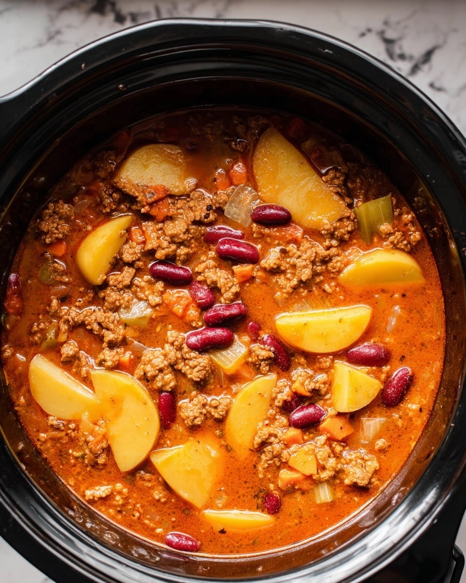 A close-up view inside a black slow cooker filled with a thick, orange-brown stew. The stew has large slices of yellow potatoes scattered throughout, with visible chunks of cooked ground meat and kidney beans spread evenly. Pieces of translucent cooked onion and small bits of celery float in the rich sauce that covers the ingredients. The surface of the stew glistens with slight oiliness, showing a hearty homemade appearance, all set against a white marbled texture around the cooker. photo taken with an iphone --ar 4:5 --v 7