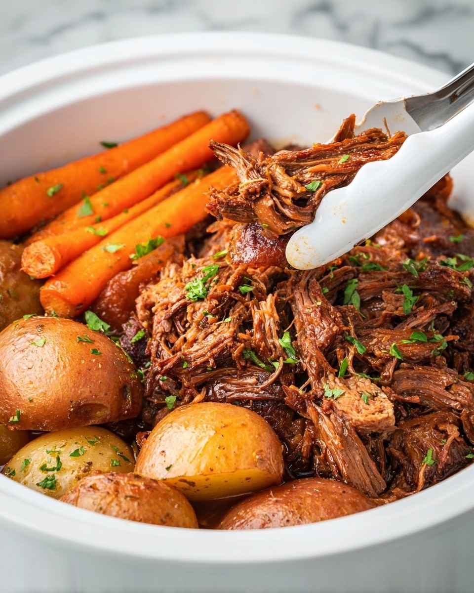 The dish shows a white bowl filled with a stew-like meal made of three main layers. The bottom layer has large, soft chunks of brownish-red potatoes with a glossy, cooked texture. The middle layer consists of a rich, brown shredded meat, tender and juicy, mixed with pieces of onion and fresh green parsley scattered on top. The top layer features similarly cooked, thick orange carrot sticks placed on one side among the meat. A pair of white tongs hold a piece of the shredded meat in the center, lifting it slightly from the bowl. The background is a white marbled texture. photo taken with an iphone --ar 4:5 --v 7
