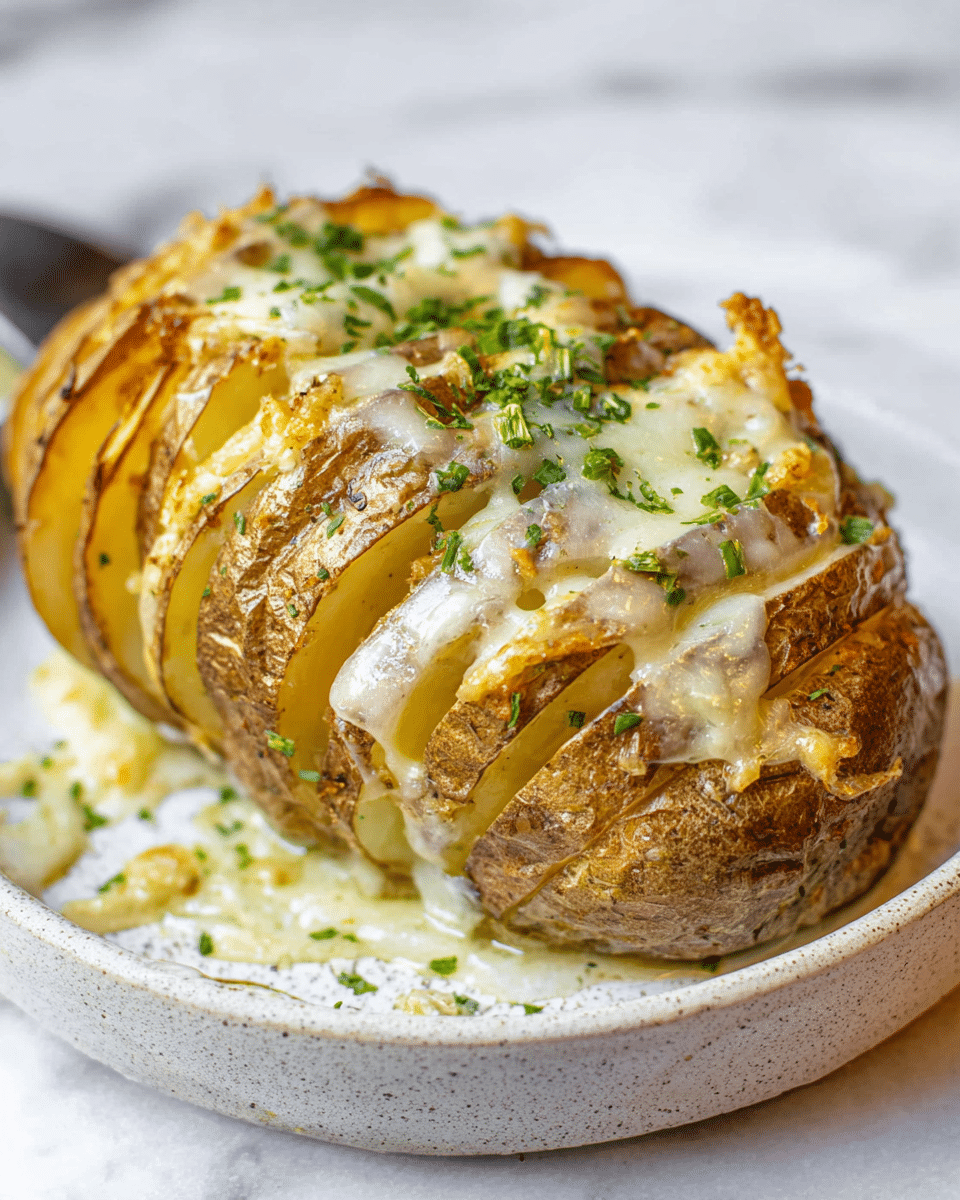 A baked potato is sliced thinly from top to bottom, with its golden-brown skin and soft pale-yellow inside visible between the slices. Melted cheese with a creamy, slightly bubbly texture is draped over the top layers, filling some gaps and melting down into the potato. Small pieces of finely chopped green herbs are scattered on top of the cheese and potato, adding a fresh contrast. The potato sits in a shallow white plate with a slightly speckled pattern, placed on a white marbled surface. Photo taken with an iphone --ar 4:5 --v 7