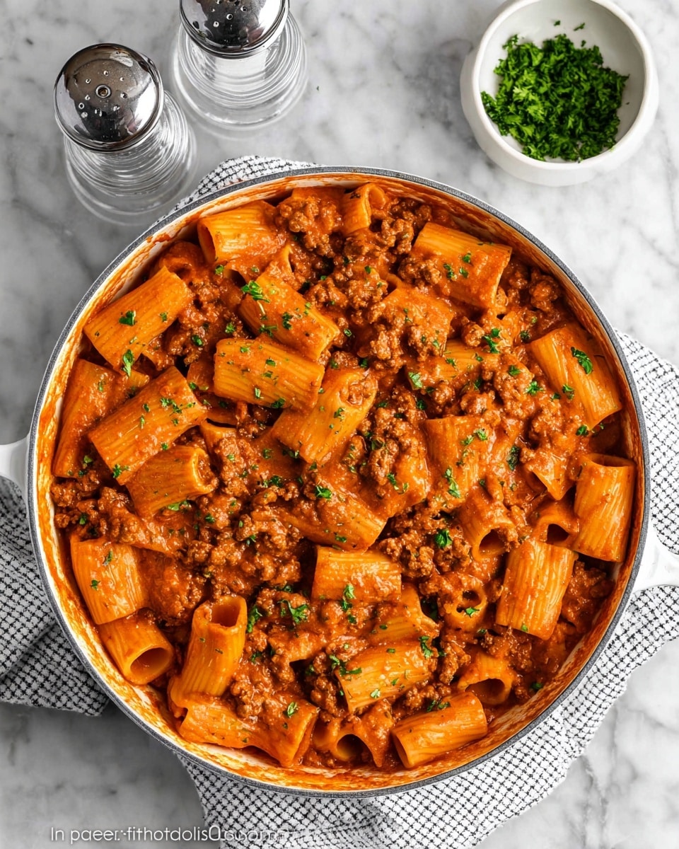 A round white pan filled with two layers of rigatoni pasta coated in a thick, creamy orange-red tomato meat sauce with visible small pieces of ground meat mixed evenly throughout. The pasta is garnished with small green parsley leaves scattered on top. The pan sits on a white and black checked cloth on a white marbled surface, next to two clear glass salt and pepper shakers and a small white bowl with chopped green herbs. photo taken with an iphone --ar 4:5 --v 7