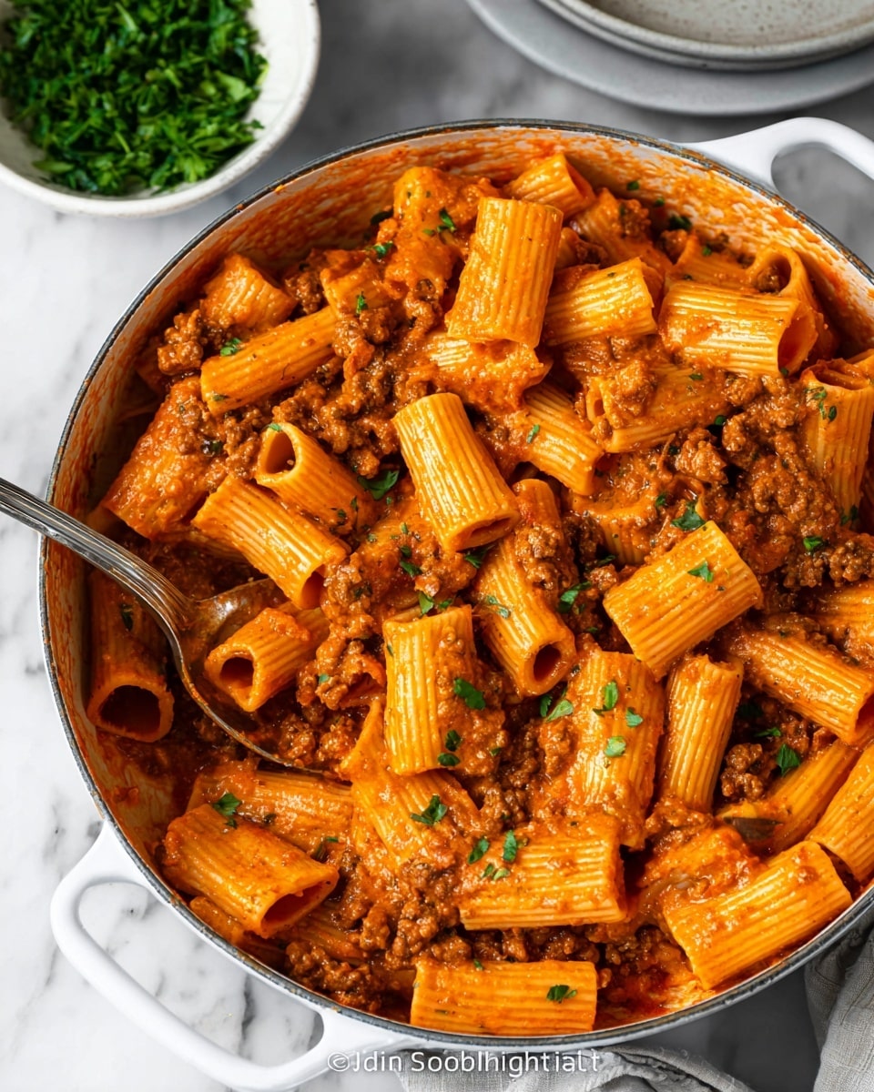 This image shows a white pan filled with rigatoni pasta coated in a thick, rich orange-red tomato meat sauce. The pasta pieces are large and tube-shaped, standing out with their ridged texture. The sauce is creamy, clinging to the pasta and mixed with small chunks of browned ground meat. There are small green herb bits scattered on the pasta. A silver spoon is partly buried in the pasta, scooping some up. In the background, there is a white bowl with fresh chopped green herbs, all set on a white marbled surface. photo taken with an iphone --ar 4:5 --v 7