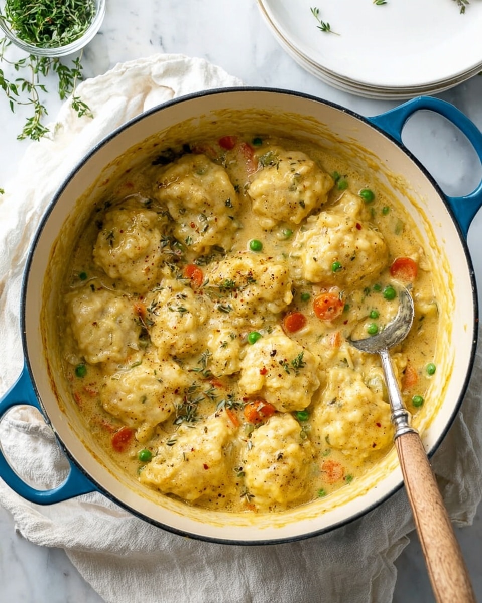The image shows a blue pot filled with a creamy stew topped with about ten golden dumplings that are soft and lightly browned, scattered with specks of black pepper and small green herb leaves. The stew beneath has a light creamy yellow color with visible bits of orange carrot, green peas, and small pieces of chicken mixed in a thick sauce that looks rich and smooth. A silver spoon with a wooden handle rests inside the pot slightly lifting one dumpling. The pot is set on a white marbled surface with some fresh thyme in the blurred background, giving a cozy and warm feeling. Photo taken with an iphone --ar 4:5 --v 7