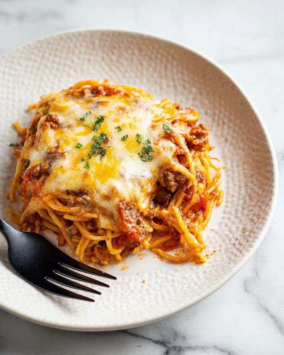 The image shows a serving spoon lifting a portion of baked spaghetti from a white square dish on a white marbled surface. The baked spaghetti has three clear layers: the bottom layer is coated in red tomato sauce with ground meat, the middle layer is a nest of cooked spaghetti noodles in light orange sauce, and the top layer is golden melted cheese browned in spots, with a slightly gooey texture and sprinkled with small green herb pieces. The cheese stretches slightly as the spoon lifts the serving, showing the rich, creamy blend between layers. Photo taken with an iphone --ar 4:5 --v 7