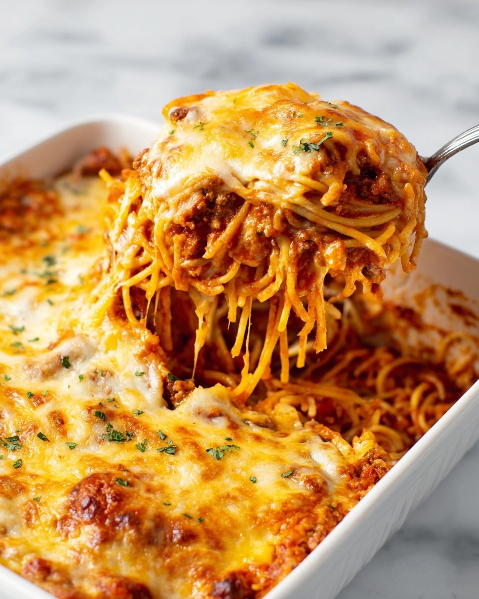 A round single-layer serving of baked spaghetti is on a white textured plate, with a black fork to the left side resting on the plate edge. The spaghetti is mixed with a tomato-based sauce visible through the golden melted cheese on top, which has slightly browned spots. Small bits of ground meat are mixed within the spaghetti and sauce, and a few finely chopped green herbs are sprinkled over the top. The plate sits on a white marbled surface. photo taken with an iphone --ar 4:5 --v 7