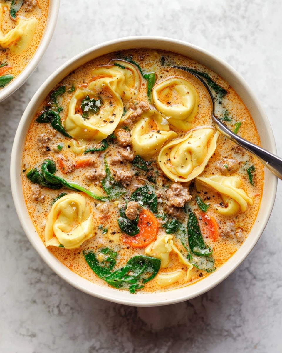 A white bowl filled with a creamy orange broth featuring several folded tortellini pasta with a smooth yellow surface resting on top and submerged in the soup. Visible layers include thin slices of bright orange carrots, dark green spinach leaves, and small browned pieces of ground meat scattered throughout. The broth looks rich and slightly frothy with specks of herbs and black pepper. A silver spoon is placed inside the bowl, partly submerged in the soup. The dish is set on a white marbled surface. Photo taken with an iphone --ar 4:5 --v 7