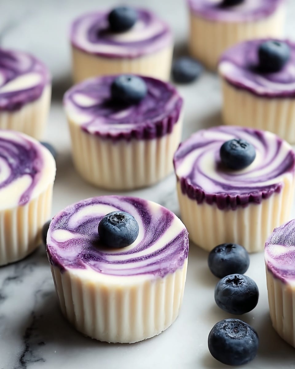 The image shows several small round cheesecake cups arranged on a white marbled surface. Each cheesecake has two visible layers: a creamy white bottom layer and a top layer swirled with purple and white in a spiral pattern, giving a smooth textured look. Some cheesecakes have a single blueberry placed on top, while loose blueberries are scattered around the surface. The cheesecake cups are white with vertical ridges, emphasizing their shape. The lighting is soft, highlighting the smooth, creamy texture and vibrant color contrast. photo taken with an iphone --ar 4:5 --v 7