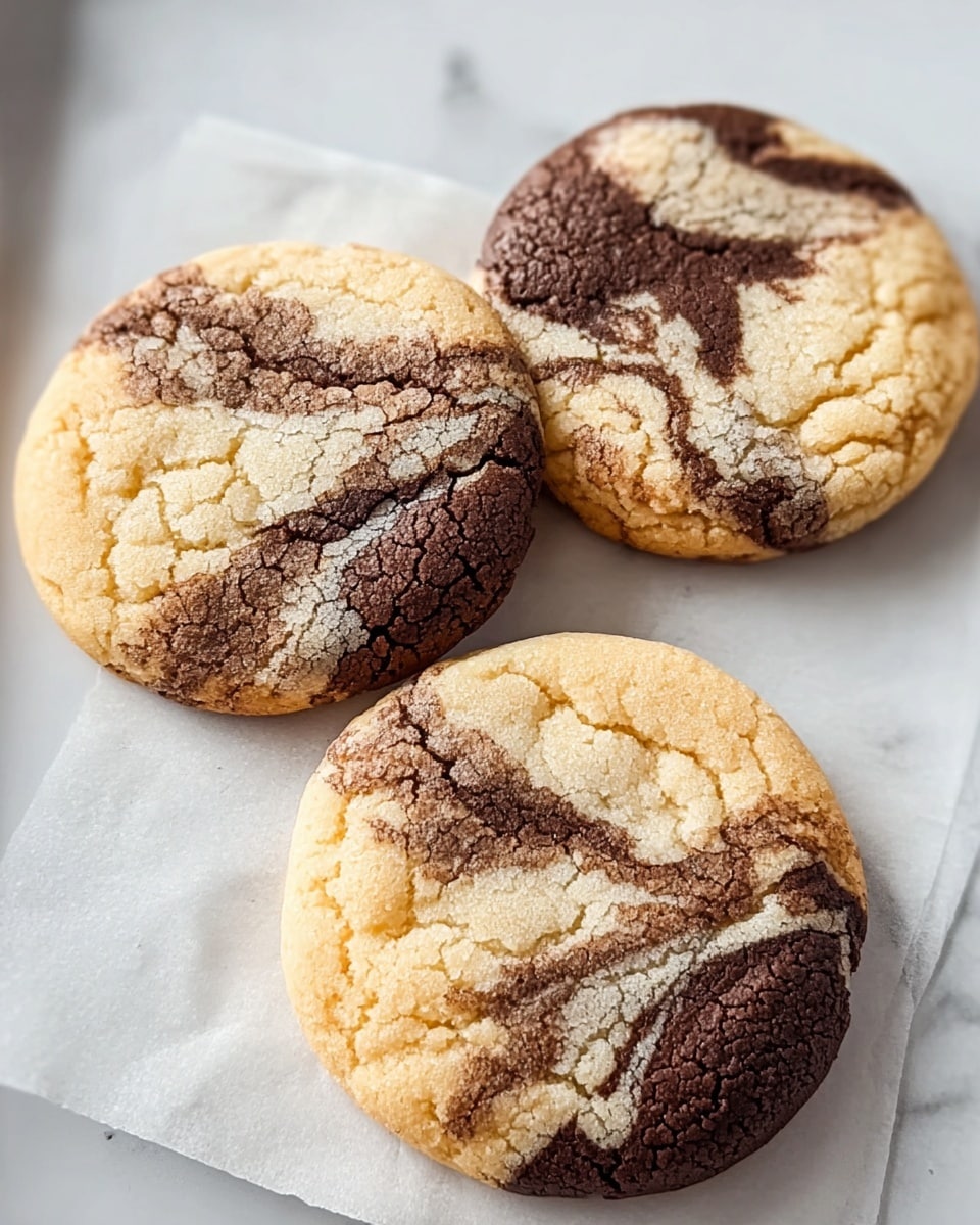 Three round cookies with a cracked surface resting on white parchment paper over a white marbled texture. Each cookie has a marbled pattern with two main colors: light golden brown and dark chocolate brown, blending irregularly across the top. The light golden part is soft and crumbly in texture, while the dark chocolate parts look slightly smoother and denser. The cookies are arranged close together with two in the foreground and one slightly behind. Photo taken with an iphone --ar 4:5 --v 7