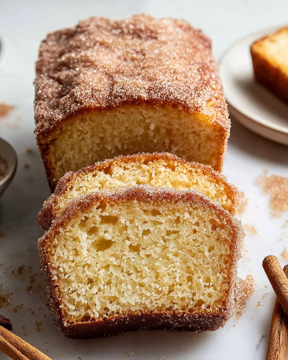 A loaf of light golden brown cake is sliced, showing its soft and spongy inside with tiny air holes. The top of the cake is covered with a thick layer of sugar and cinnamon, giving it a grainy texture and a slightly sparkling look. Around the cake, granules of sugar and cinnamon are scattered on a white marbled surface, with a cinnamon stick placed nearby. Part of a white plate with another slice of the cake is visible in the corner. Photo taken with an iphone --ar 4:5 --v 7