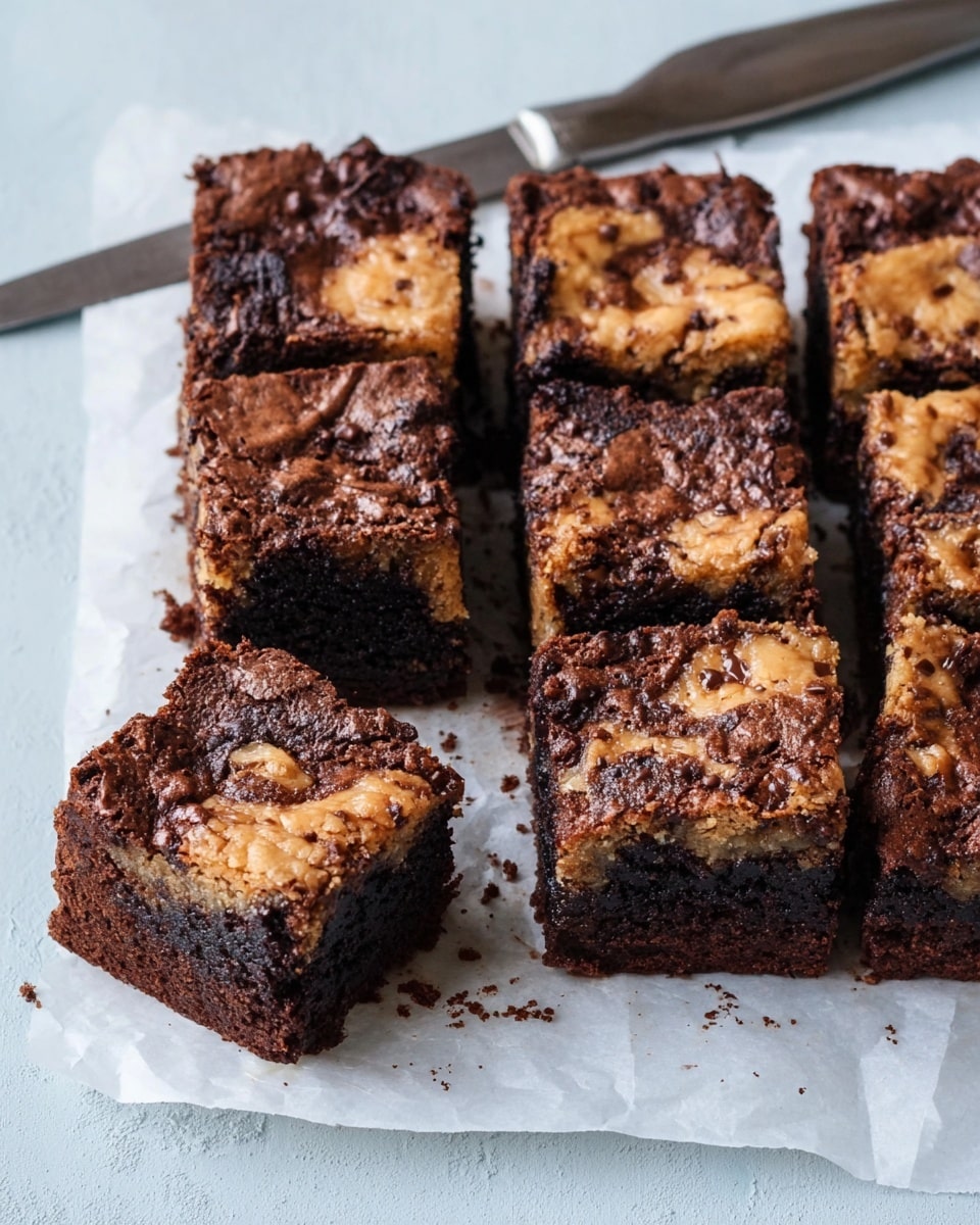 A square chocolate brownie loaf is partially cut into smaller squares and placed on white parchment paper over a white marbled surface. The brownies have two visible layers: a dark, dense, fudgy chocolate base with a moist texture, and a lighter, tan-brown top layer with melted chocolate chunks and bits of banana showing through, giving a marbled effect. The surface looks slightly shiny with small cracks, showing gooey melted chocolate. A silver knife lies behind the brownies on the parchment. Photo taken with an iphone --ar 4:5 --v 7