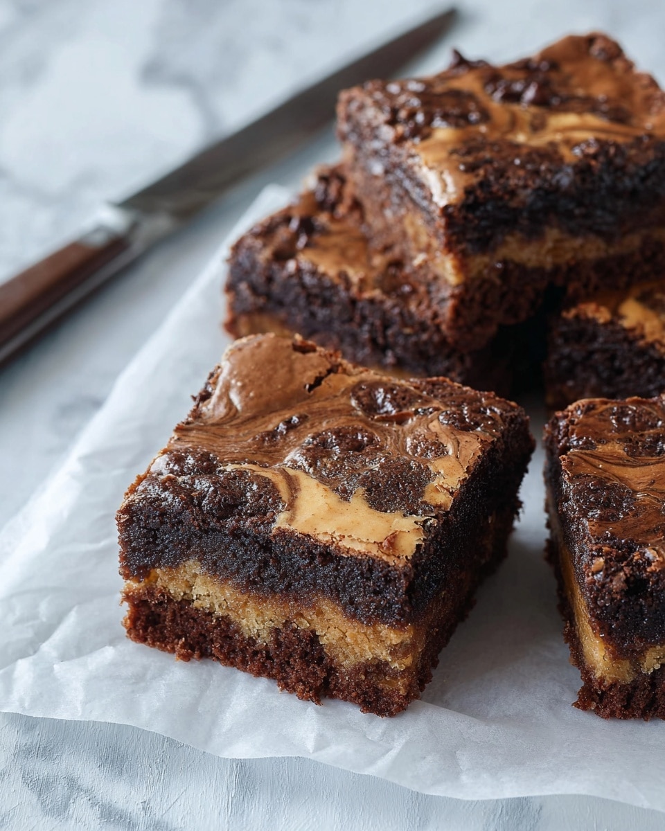 The image shows three square pieces of a two-layer chocolate dessert on white parchment paper, placed on a white marbled surface. Each piece has a dense, dark brown bottom layer with a moist, slightly crumbly texture. The top layer is lighter brown with a glossy, slightly cracked surface speckled with darker chunks, giving a marbled effect. The edges are slightly raised and golden-brown, showing a baked, firm crust. A silver knife with a dark handle lies in the background. photo taken with an iphone --ar 4:5 --v 7