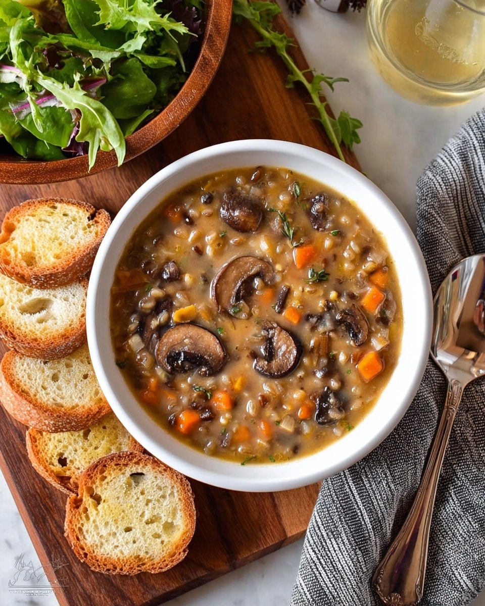 A white bowl filled with thick soup containing visible slices of brown mushrooms, small orange carrot cubes, and grains in a creamy broth, placed on a wooden board. Around the bowl, several round pieces of toasted bread with a golden crust lie on a gray striped cloth. To the right of the bowl is a tarnished silver spoon resting on the wooden surface. At the top of the image, part of a wooden bowl filled with fresh green salad leaves can be seen, all set against a white marbled background. photo taken with an iphone --ar 4:5 --v 7