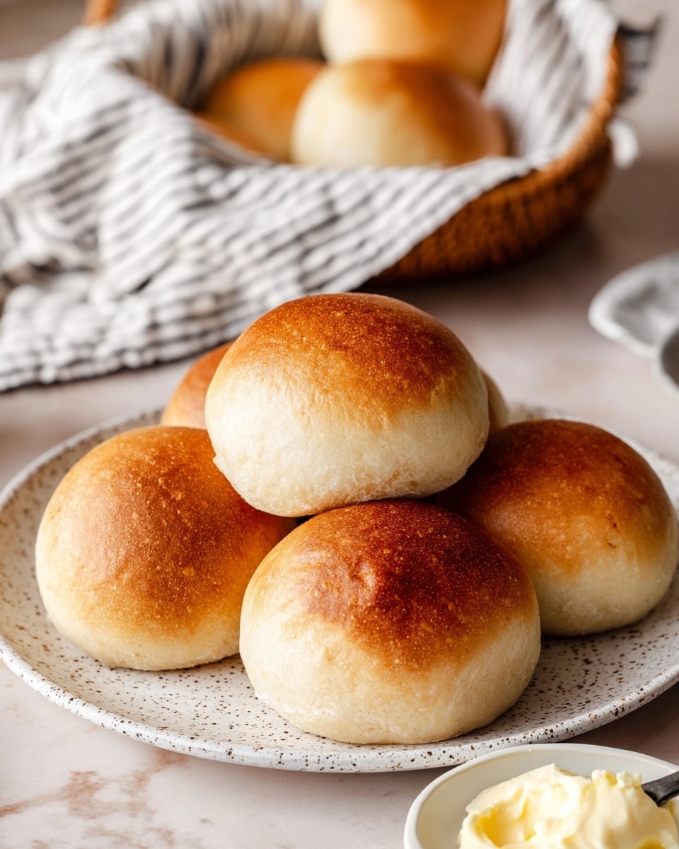 The image shows a plate with six round bread rolls that have a smooth, golden-brown top and a slightly lighter, soft-looking bottom. The rolls are closely packed, with one roll sitting slightly on top of two others in the center, making a small pile. The plate itself is white with small dark speckles all over, and it sits on a white marbled surface. In the background, there is a white cloth with black stripes partially covering a round basket holding more bread rolls. To the lower right, a small white bowl contains a dollop of smooth, creamy butter with a spoon resting inside it. The photo has soft, natural lighting and a warm, inviting tone. photo taken with an iphone --ar 4:5 --v 7
