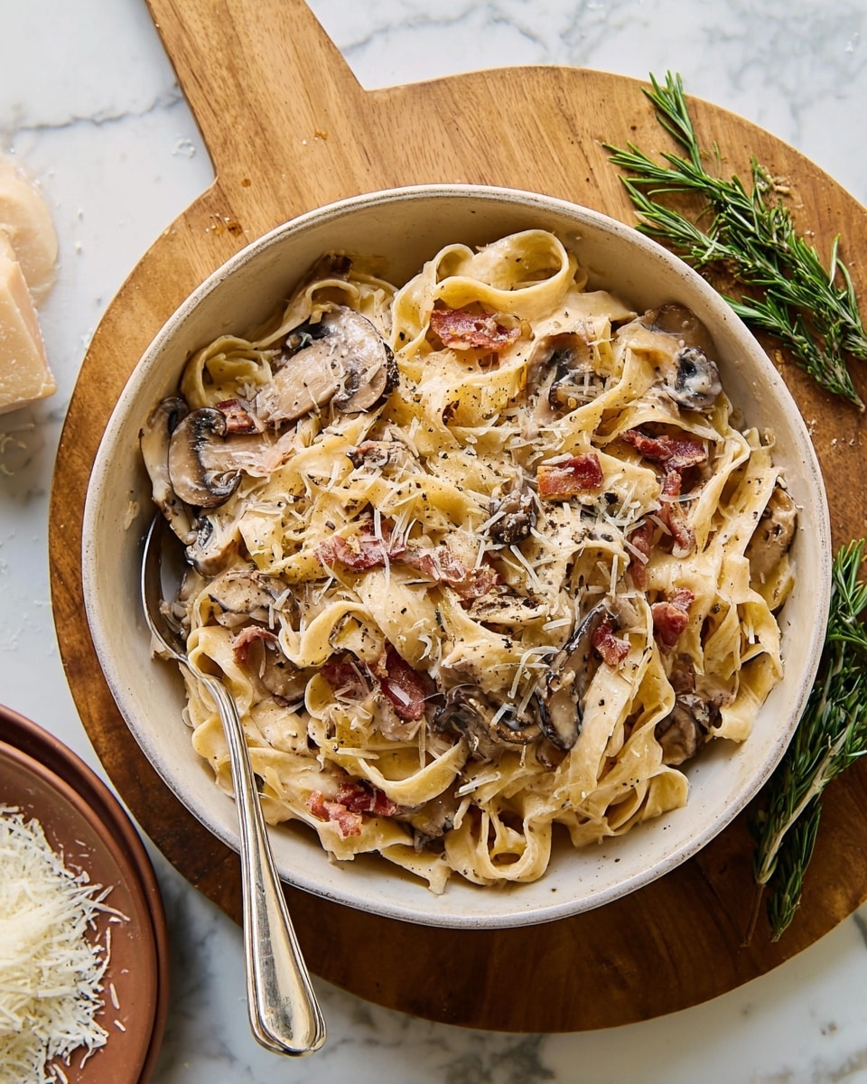 A bowl filled with creamy pasta showing wide, flat noodles in a light beige color, mixed with browned mushroom slices and small pieces of crispy bacon scattered throughout. The pasta is coated in a smooth, creamy sauce that lightly glistens, sprinkled with shredded cheese and a dash of black pepper on top. A silver spoon rests inside the bowl on the left side. The bowl is placed on a wooden board with some rosemary sprigs at the board's top right edge and a small white pile of grated cheese on the left side on a brown-tinted plate, all set on a white marbled surface. photo taken with an iphone --ar 4:5 --v 7