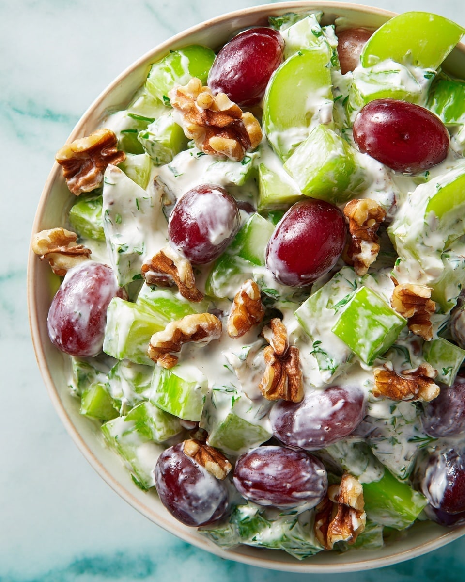A close-up view of a creamy salad showing three main layers: thick white dressing with green herb specks spread evenly, bright green celery slices cut into small pieces scattered throughout, and deep red grape halves with some greenish translucent interiors visible. Chunky, golden-brown walnut pieces are mixed in, adding texture and contrast. The salad rests on a white marbled surface that highlights the fresh colors and creamy texture of the ingredients. photo taken with an iphone --ar 4:5 --v 7