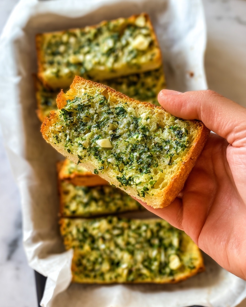 A close-up shows a woman's hand holding a piece of garlic bread with two layers: a soft, golden-brown toasted bread base and a thick top layer of chunky green garlic and herb spread with bits of minced garlic visible. In the background, several more rectangular pieces of garlic bread with the same top layer rest on white parchment paper inside a white tray. The scene is set on a white marbled texture surface. photo taken with an iphone --ar 4:5 --v 7
