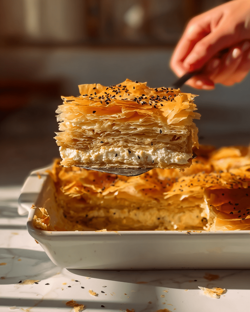 A golden brown layered pastry is held by a woman's hand on a spatula above a white baking dish. The pastry has multiple thin, crispy upper and lower layers with a light, flaky texture, topped with small black seeds scattered unevenly. Between the crispy layers is a thick creamy filling, off-white in color, visible in the cut section. The white baking dish shows more of the same pastry still inside. The scene is set against a softly blurred background with a warm golden light highlighting the flakiness and textures of the pastry. The surface under the dish is a white marbled texture. photo taken with an iphone --ar 4:5 --v 7