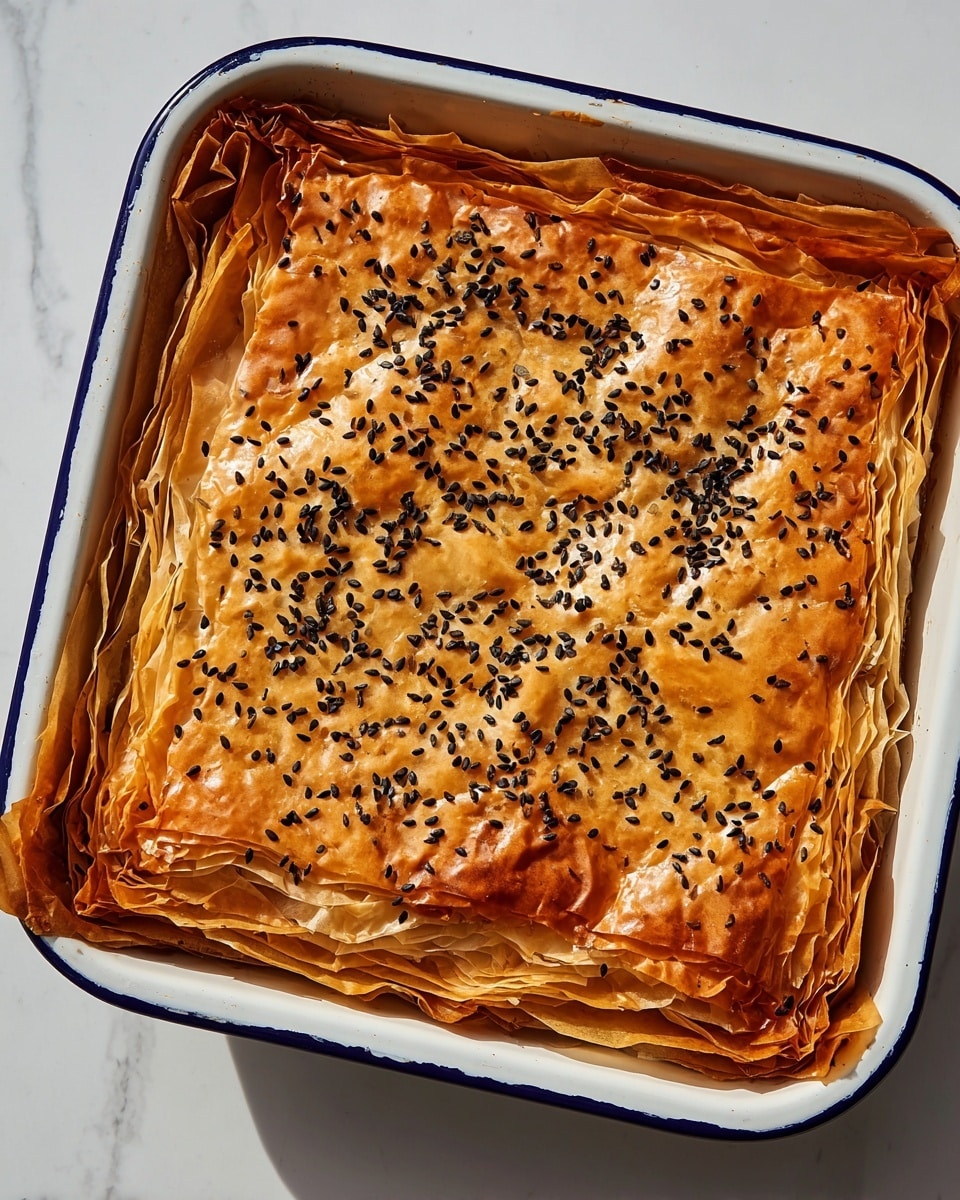 A square-shaped layered pastry is shown inside a white enamel baking dish with a blue rim. The top layer is golden brown and glossy, covered with scattered black sesame seeds, and appears crisp and slightly wrinkled. Beneath the top layer, multiple thin, uneven layers of light brown baked pastry sheets can be seen, some edges curling up around the sides of the dish. The whole dish rests on a surface with a white marbled texture. photo taken with an iphone --ar 4:5 --v 7