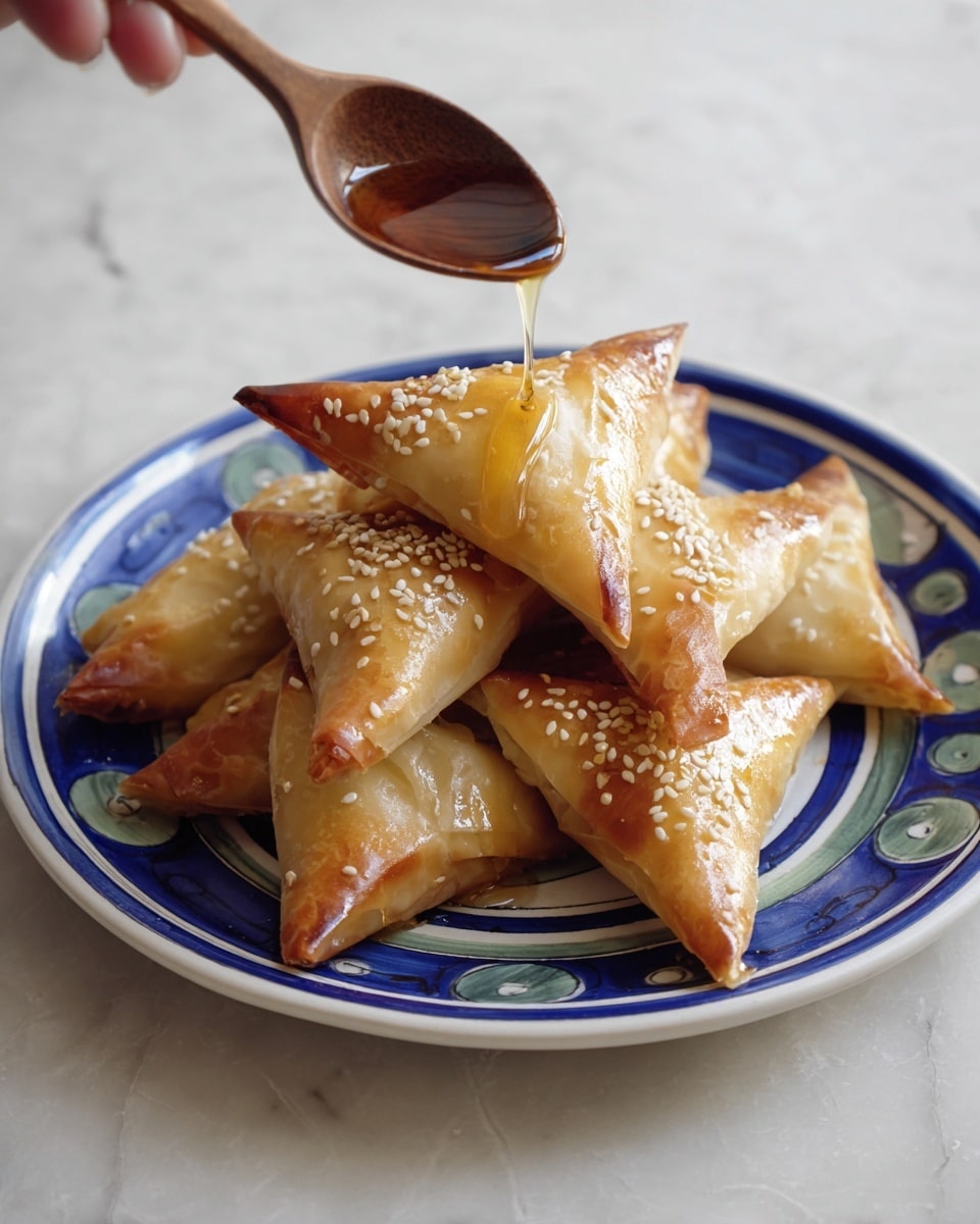 A white plate with blue and green circular patterns holds a pile of golden brown triangular pastries with lightly toasted edges and sprinkled with small white sesame seeds. The pastries are stacked on top of each other, showing smooth, thin, crispy layers with a glossy finish. A wooden spoon held by a woman's hand is pouring a light golden syrup over the pastries, adding a shiny layer on top. The plate sits on a white marbled textured surface. photo taken with an iphone --ar 4:5 --v 7