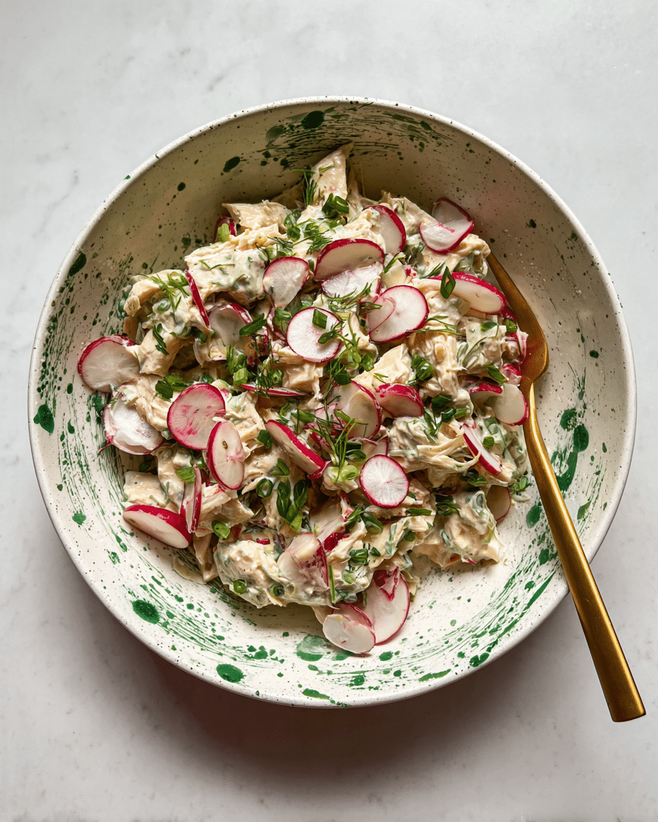A round white bowl with green splatters holds a creamy chicken salad. The dish shows two main layers: chunks of white chicken meat covered in a thick, light beige sauce mixed with chopped green herbs and scallions, and scattered thin half-moon slices of red and white radishes on top. A gold fork rests partially inside the bowl. The bowl sits on a white marbled surface. photo taken with an iphone --ar 4:5 --v 7
