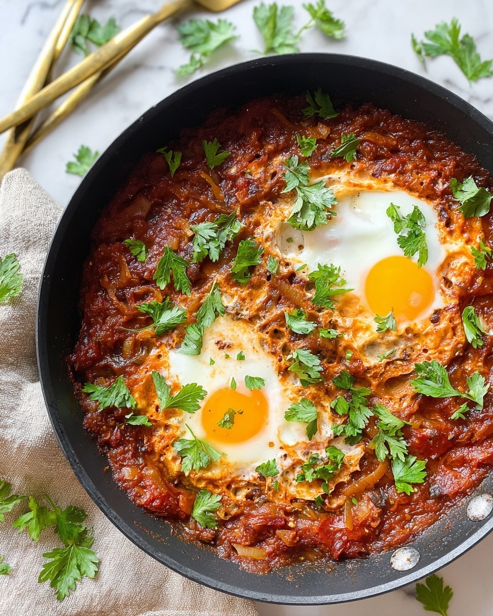 The image shows a close-up of a black pan filled with shakshuka, a dish with two fried eggs on top. The base layer is a thick, chunky tomato sauce that is deep red and textured with visible bits of cooked onions and spices. The eggs have bright yellow yolks that are slightly runny, surrounded by soft white edges blending into the sauce. Fresh green parsley leaves are sprinkled over the dish, adding a fresh pop of color. The pan sits on a white marbled surface with some scattered parsley leaves and a beige cloth nearby. A gold fork and knife rest in the background. Photo taken with an iphone --ar 4:5 --v 7