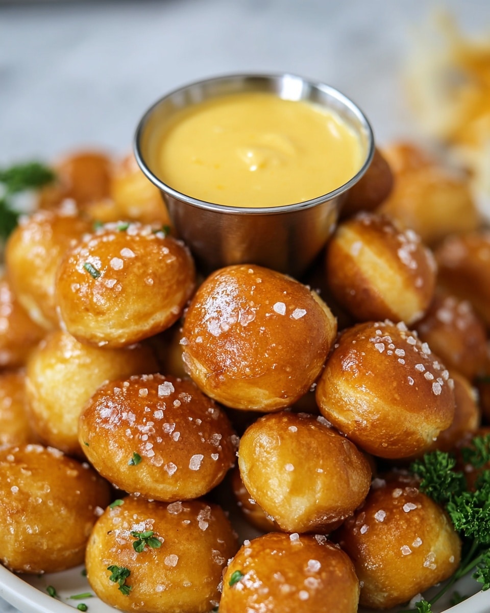 The image shows a black air fryer basket filled with one layer of small, round, golden-brown pretzel bites with a shiny texture, some sprinkled with coarse salt. The basket sits on a white marbled surface, and behind it, there is a small metal container with a creamy light yellow mustard sauce. Nearby, a wooden bowl containing white coarse salt and some sprigs of green parsley add fresh accents to the scene. photo taken with an iphone --ar 4:5 --v 7
