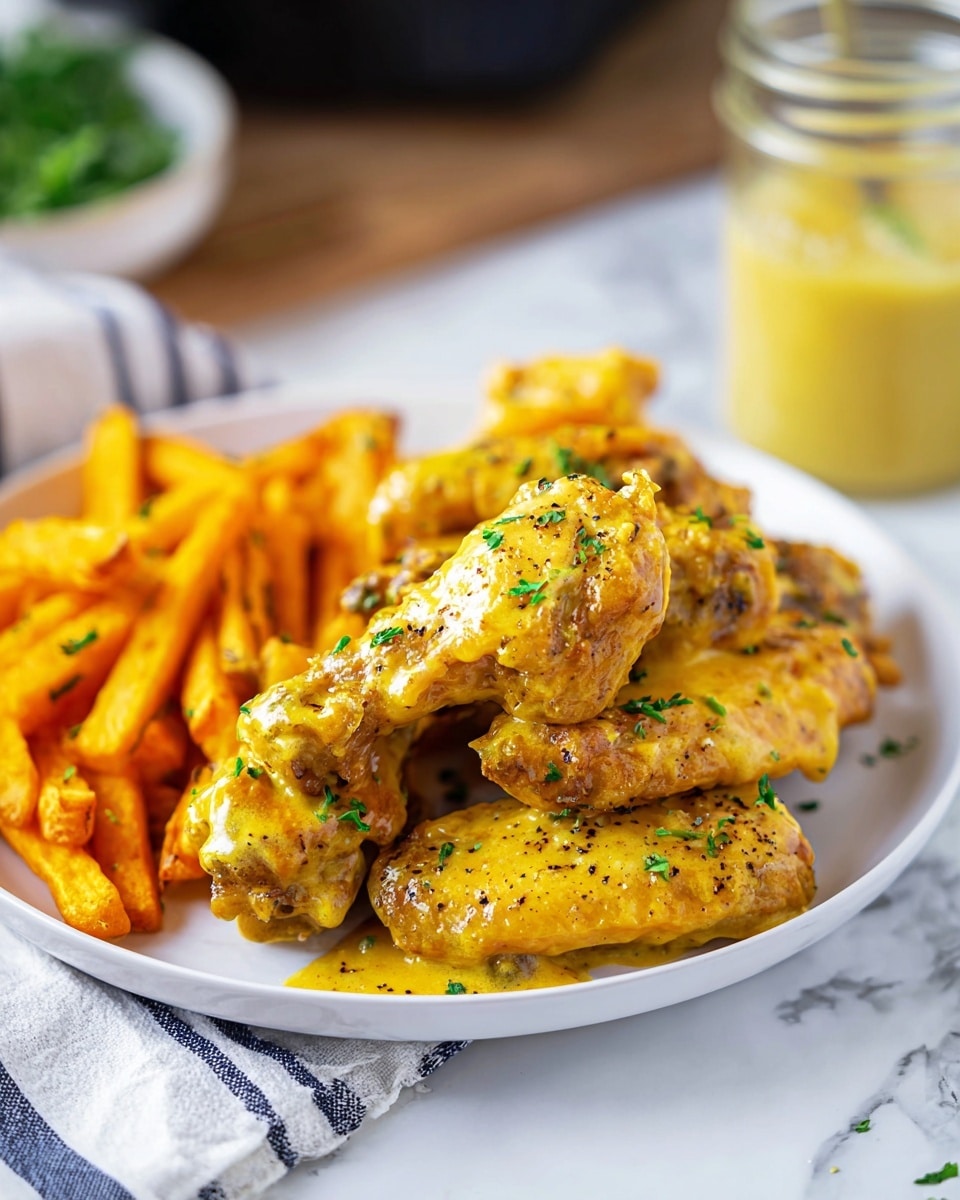 The image shows a black air fryer basket filled with twelve chicken wings coated in a bright yellow sauce, garnished with small green parsley leaves scattered on top and around the wings. The air fryer basket has a grid pattern at the bottom, letting some sauce drip through. To the right, there is a white bowl filled with golden brown French fries. The background is a white marbled surface with a wooden cutting board and a striped cloth partially visible beneath the air fryer handle. photo taken with an iphone --ar 4:5 --v 7