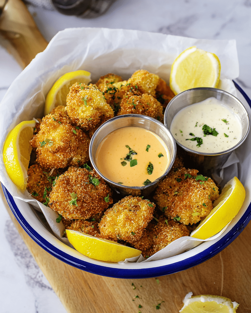 A white bowl with a blue rim is lined with white parchment paper filled with about three layers of golden crispy breaded cauliflower bites, sprinkled with green parsley pieces. On top, there are two small metal cups placed near the center, one holding a light orange creamy sauce garnished with green parsley, and the other holding a white creamy sauce also garnished with green parsley. There are three bright yellow lemon wedges placed around the edge of the bowl. The bowl sits on a wooden board with a white marbled surface underneath. Photo taken with an iphone --ar 4:5 --v 7