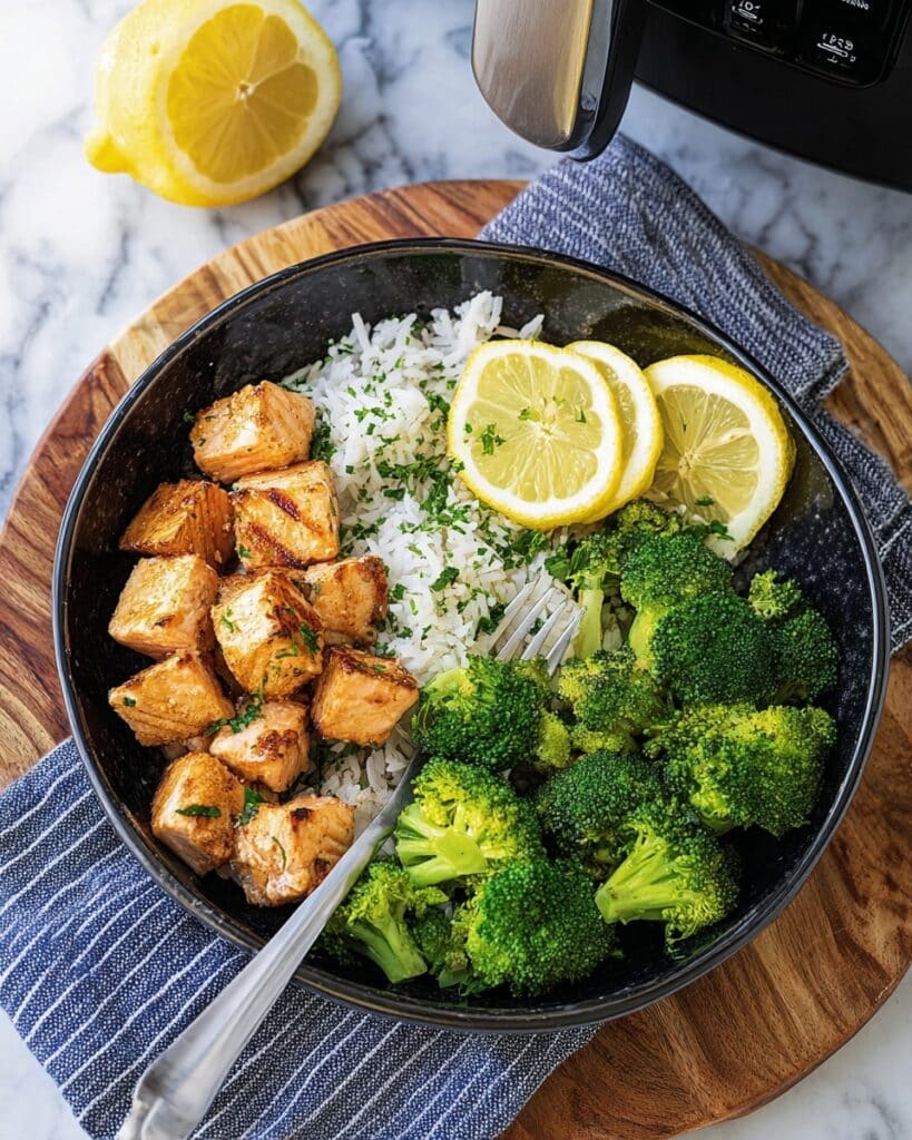 Air Fryer Cajun Salmon Bites with Rice and Broccoli Recipe