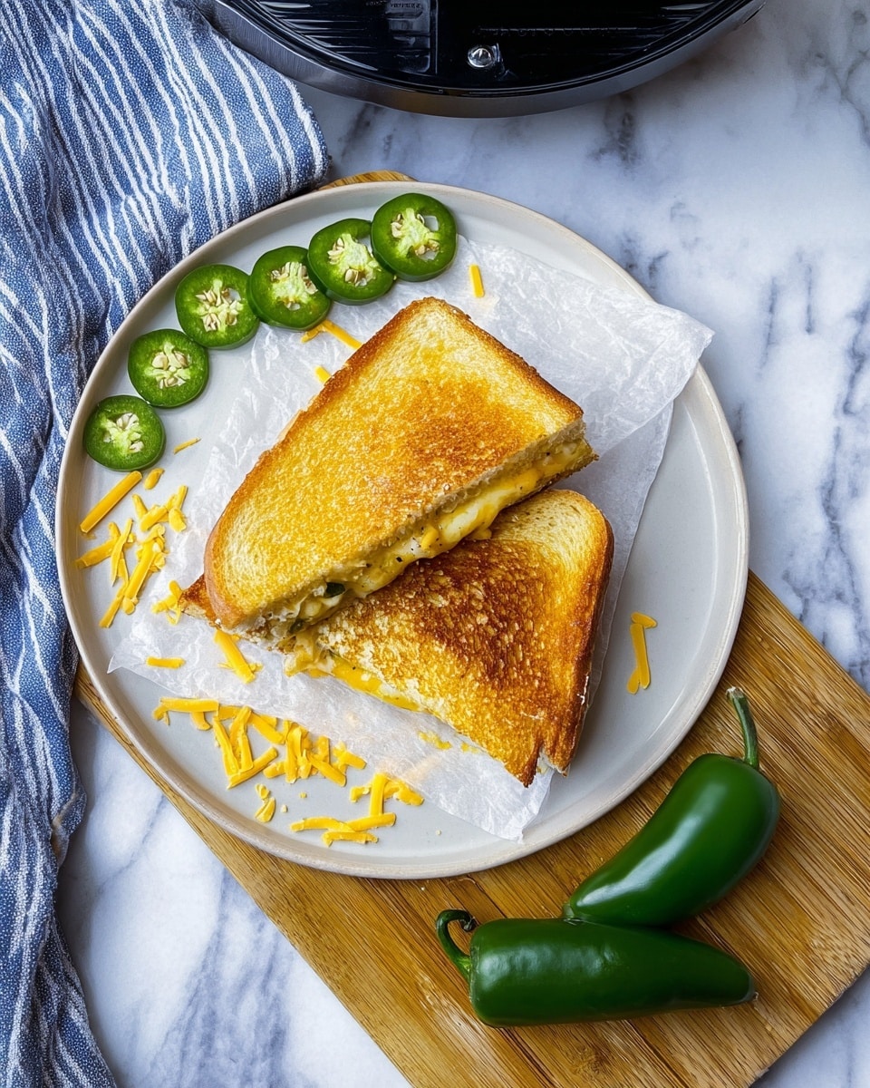A toasted sandwich cut diagonally in half shows a gooey melted cheese and jalapeño filling layer in the middle, nestled between two golden-brown slices of bread with a slightly crispy texture. The sandwich rests on a white plate with some shredded yellow cheese scattered around. To the right of the sandwich, two fresh whole green jalapeños add a fresh vibrant look, while three sliced jalapeño rings lie on the top left edge of the plate. The plate is placed on parchment paper over a wooden cutting board, which sits on a white marbled surface. A blue and white striped cloth is partially visible on the left side of the scene. The handle of a black kitchen appliance is visible at the top edge of the image. Photo taken with an iphone --ar 4:5 --v 7