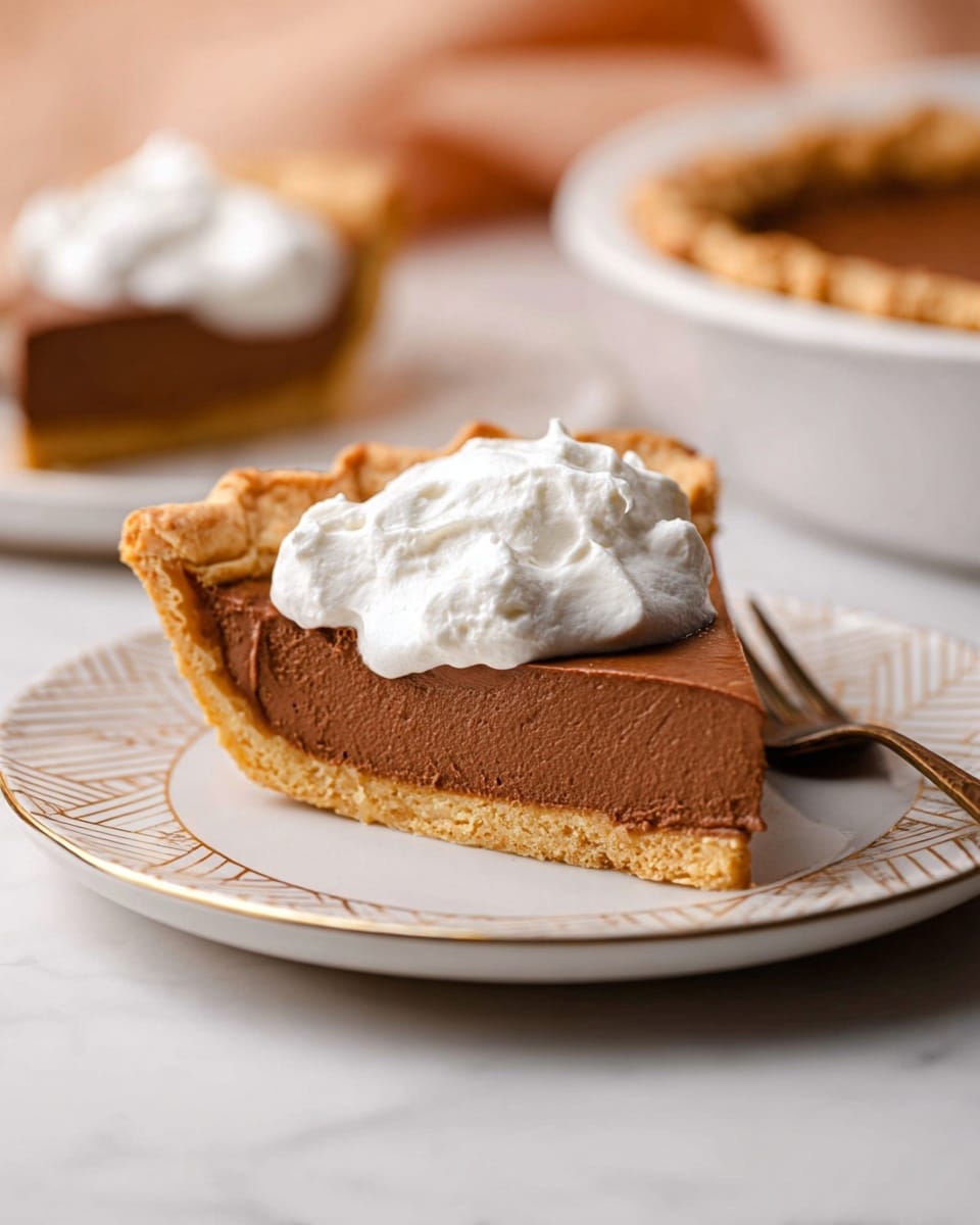 A single slice of smooth chocolate pie with three visible layers sits centered on a white plate with a light geometric pattern. The bottom layer is a thin, golden-brown crust, topped by a thick, creamy chocolate filling, which is topped with a dollop of soft, fluffy white whipped cream. The crust edges are crimped in a slightly uneven way. In the background, a partial view of the whole pie in a white dish and another slice on a white plate are slightly blurred. The setting has a soft, warm light, with a white marbled texture surface underneath. A silver fork rests near the slice on the plate. Photo taken with an iphone --ar 4:5 --v 7
