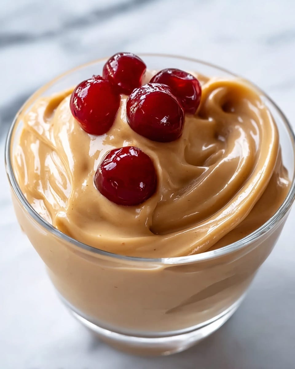 The image shows a close-up of a smooth, creamy light brown dessert in a clear glass bowl. At the top, there are several red glossy cherries placed on the dessert, adding a shiny and slightly sticky texture. The creamy dessert is swirled softly, with visible soft peaks and a thick consistency. The background is a white marbled texture. photo taken with an iphone --ar 4:5 --v 7