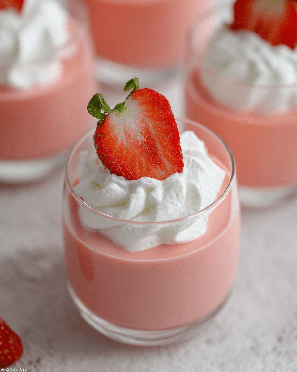 A clear glass cup holds a smooth, pink strawberry mousse layer at the bottom, topped with a soft white whipped cream layer with a light, fluffy texture. A fresh half strawberry with a red and white gradient, including a green leafy top, is placed on the whipped cream, slightly angled. The glass cup is set on a white marbled surface, and nearby are other similar mousse cups with the same layers but without the strawberry on top. photo taken with an iphone --ar 4:5 --v 7