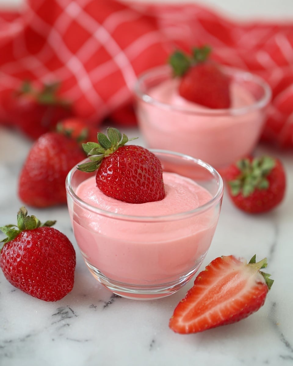 Two clear glass bowls filled with a smooth pink strawberry mousse sit on a white marbled surface. Each bowl has one whole fresh red strawberry with green leaves placed on top of the mousse as a garnish. Around the bowls are several whole bright red strawberries and one strawberry cut in half showing its juicy inner red flesh. In the background, a red cloth with white grid lines adds a splash of color. photo taken with an iphone --ar 4:5 --v 7