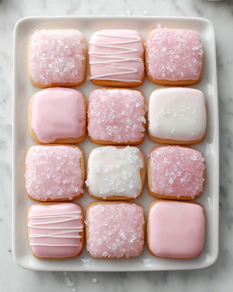 A white plate holds twelve square cookies arranged in a 4x3 grid. Each cookie has a golden base and is topped with either a smooth pastel pink or white icing layer, or a coarse sugar crystal layer in pink or clear. Some of the pink or white iced cookies are decorated with thin white icing lines drizzled across the top. The white-iced cookie is located in the middle of the third row. The texture contrasts between the smooth icing and rough sugar crystals create a delicate and inviting look. The whole scene sits on a white marbled surface. photo taken with an iphone --ar 4:5 --v 7