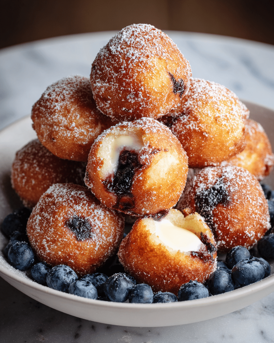 A pile of golden brown fried dough balls with a slightly rough, crispy texture sits in the center of a white bowl. Some dough balls have visible dark purple blueberry filling oozing out, and one near the front reveals creamy white filling inside. The balls are dusted lightly with powdered sugar, giving a soft white coating on top. Fresh, plump blueberries with a deep blue color ring the base of the pile, adding contrast to the warm tones of the fried dough. The white bowl rests on a surface with a white marbled texture. photo taken with an iphone --ar 4:5 --v 7
