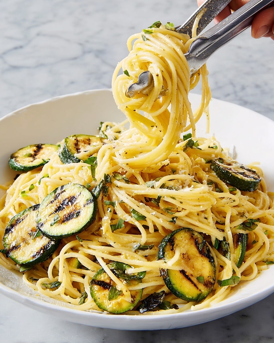 A white plate holds a serving of spaghetti mixed with grilled zucchini slices. The spaghetti strands are creamy yellow and shiny with sauce, winding around and under the zucchini pieces that are green with dark grill marks. Some green herbs are mixed in with the pasta, adding small flecks of color. A pair of metal tongs held by a woman's hand is lifting a tangle of spaghetti along with a grilled zucchini slice, showing the texture and gloss of the sauce. The scene is set against a white marbled texture. photo taken with an iphone --ar 4:5 --v 7