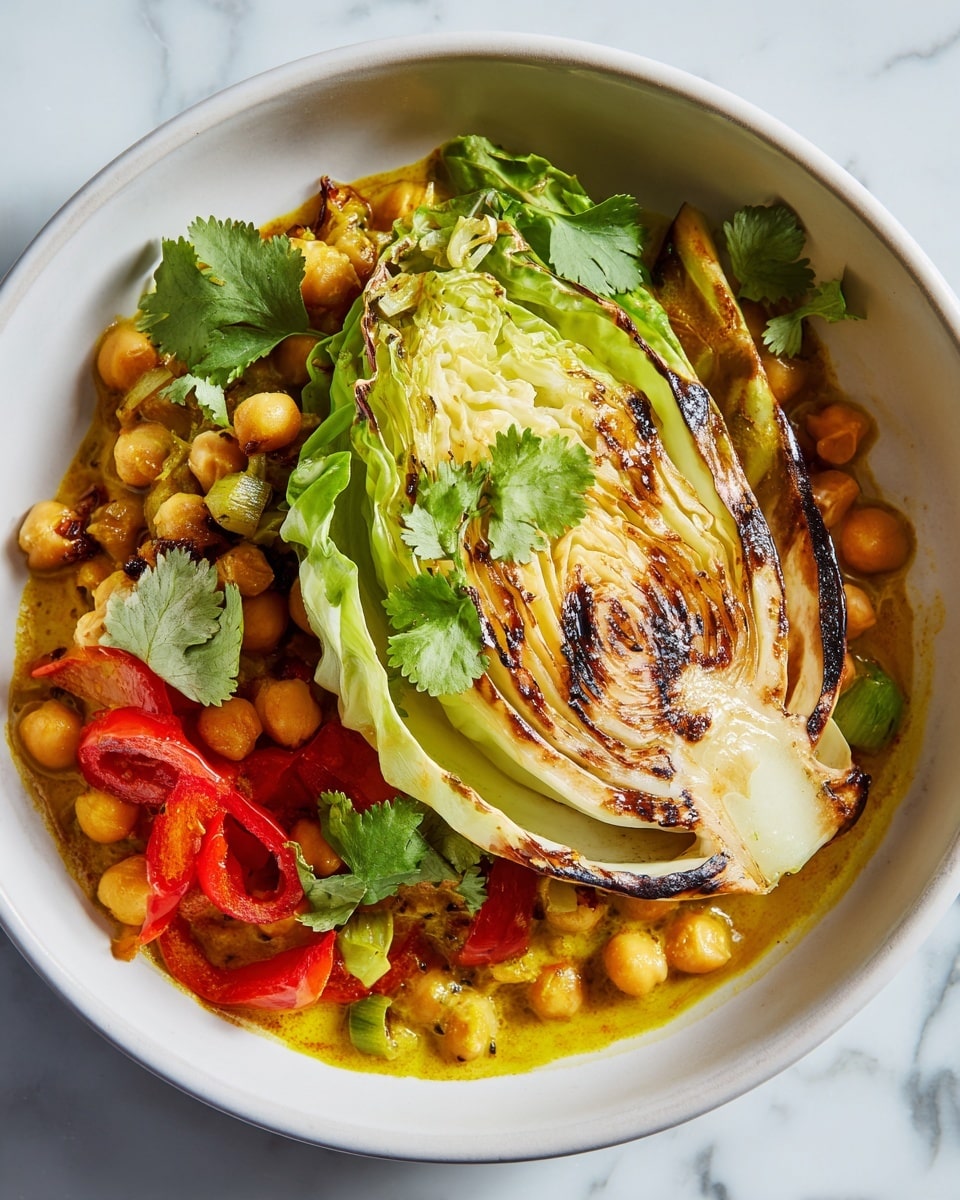 A black pan filled with several pieces of charred, grilled cabbage leaves arranged on top, their green and light brown edges curling with grill marks. Beneath and around the cabbage are small, round, pale yellow chickpeas scattered evenly, mixed with bright red sliced bell peppers. Fresh green cilantro leaves are sprinkled over the whole dish for a touch of color and freshness. The pan rests on a white marbled surface, showcasing the vibrant colors and textures clearly. photo taken with an iphone --ar 4:5 --v 7