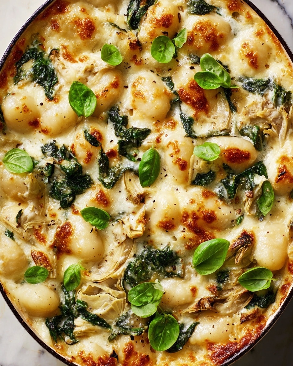The dish shows a creamy gnocchi bake with three main layers visible: the bottom layer is soft, plump gnocchi, which is off-white and smooth; the middle layer is a mix of tender spinach leaves in deep green and thin artichoke slices in light tan with a slightly charred look; the top layer is a golden, bubbling melted cheese sauce with light brown spots of toasted texture and scattered fresh bright green basil leaves on top. The dish looks rich and gooey, resting on a white marbled surface. Photo taken with an iphone --ar 4:5 --v 7