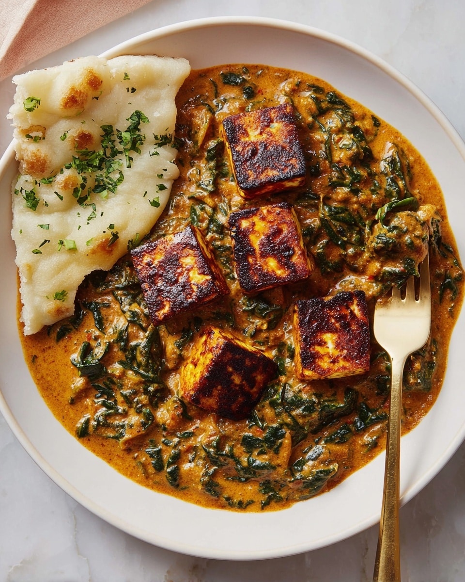 A white plate holds a creamy orange-brown curry mixed with dark green leafy vegetables, likely spinach, spread evenly across the plate. On top, there are five browned, grilled cubes of paneer with a slightly charred texture, one of which is held by a gold fork positioned on the right side of the plate. On the left edge of the plate, there is a piece of soft, white naan bread garnished with light green herbs. The dish sits on a white marbled surface. photo taken with an iphone --ar 4:5 --v 7