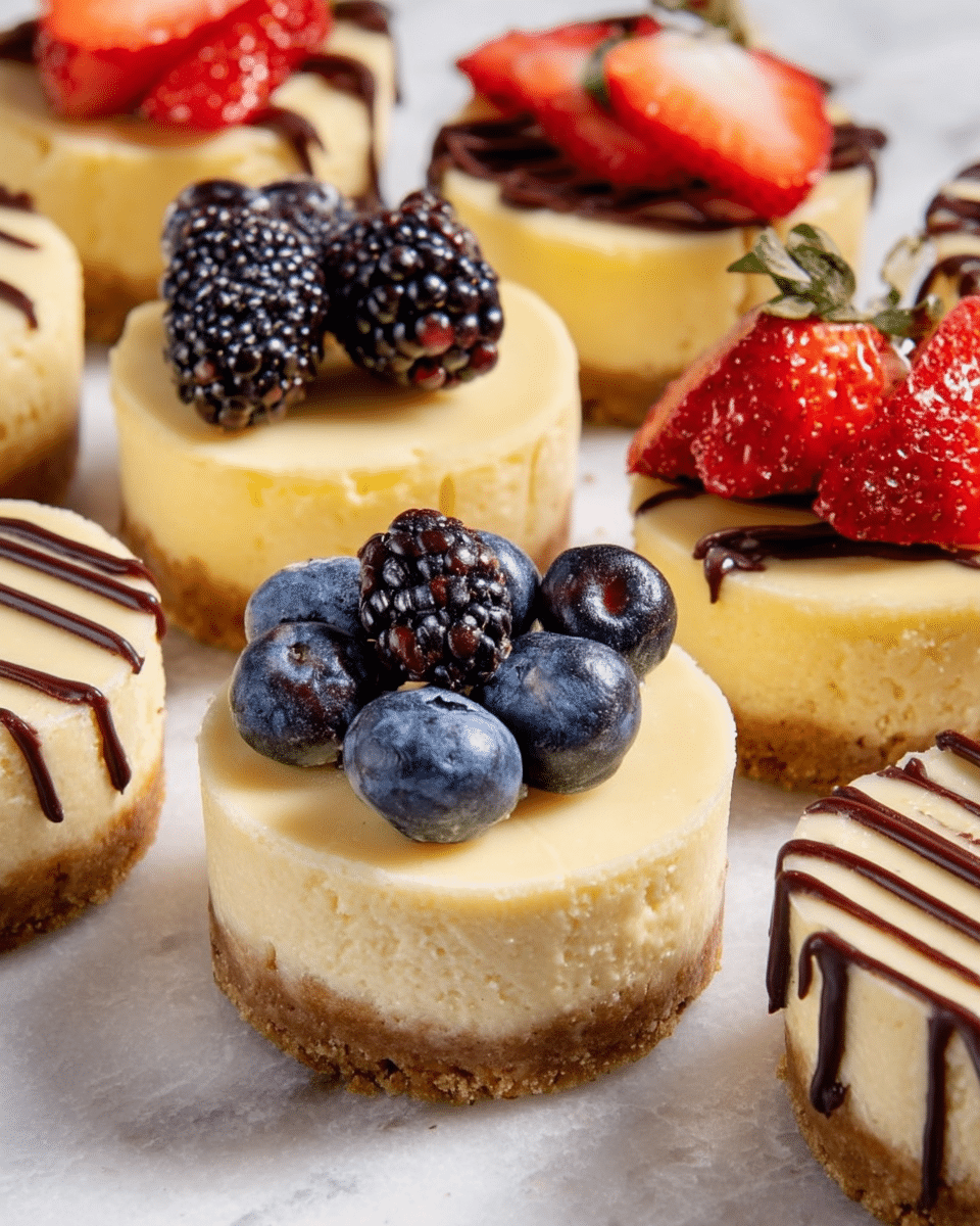 The image shows several small cheesecakes, each with three layers: a bottom light brown crumb crust, a thick pale yellow creamy cheesecake middle, and a smooth top layer. The tops are decorated with fresh fruit, some having a mix of shiny blueberries, a blackberry, and thin strawberry slices arranged neatly. Other cheesecakes in the background are drizzled with thin lines of dark chocolate on top, adding a rich contrast. All the cheesecakes are placed on a white marbled textured surface. Photo taken with an iphone --ar 4:5 --v 7
