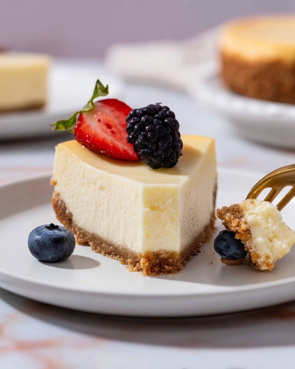 A single slice of cheesecake with three layers is shown on a white plate set on a white marbled texture. The bottom layer is a crumbly, golden-brown crust. The middle layer is thick and creamy, pale yellow in color, with a soft texture. The top layer is a light, clear glaze covering the cheesecake’s surface. On top of the slice, there are fresh berries: one dark blackberry, one deep blue blueberry, and one bright red sliced strawberry. Another loose blueberry sits on the plate beside the cheesecake. A gold-toned fork holds a small bite of cheesecake near the slice. The background is softly blurred with another white plate holding a similar cheesecake in the distance. Photo taken with an iphone --ar 4:5 --v 7