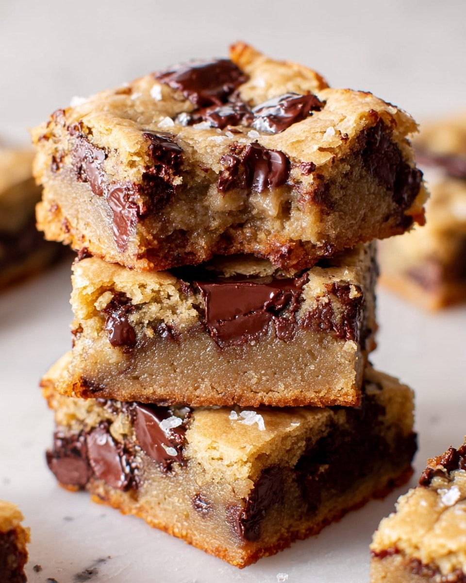 A group of 16 square cookie bars arranged closely on a white marbled surface, each bar showing a thick golden-brown top layer studded with large, dark chocolate discs and smaller chocolate chips scattered unevenly. The cookie bars have a soft, slightly cracked texture on top with the chocolate pieces partially melted and glossy, adding a rich contrast to the warm dough color. Some bars are slightly lifted or tilted, revealing a dense, chewy interior with more chocolate inside. To the left edge, part of a white bowl with coarse salt is visible, adding a subtle garnish detail. The photo taken with an iphone --ar 4:5 --v 7