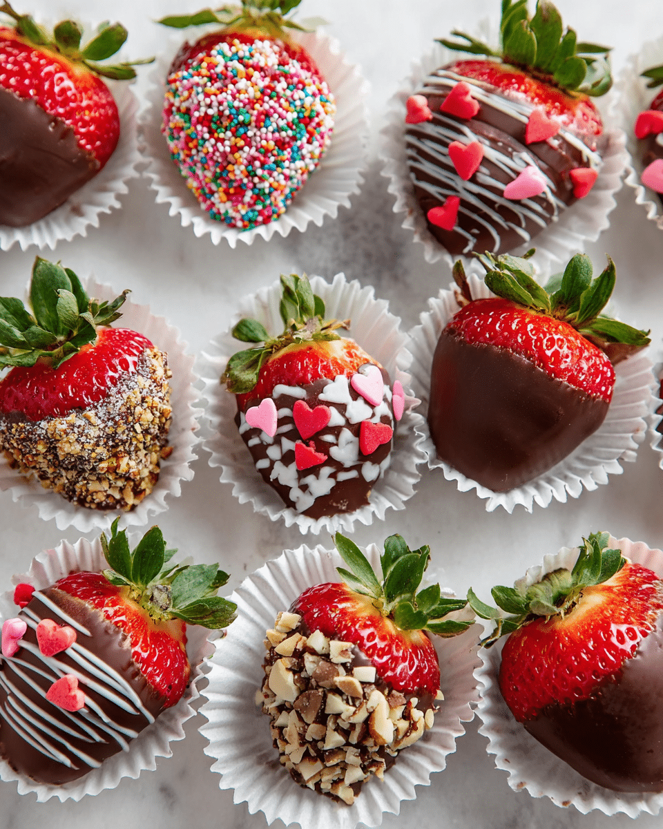 A white heart-shaped box filled with a dozen large strawberries, each dipped halfway in smooth dark chocolate, resting in bright red paper cups. The strawberries are decorated with various toppings over the chocolate layer: some have finely chopped nuts, others are covered with colorful round sprinkles or tiny pink and white heart sprinkles, and a few are drizzled with thin white chocolate stripes. The strawberries are fresh with bright green leaves on top, creating a colorful and textured mix. The box is set on a white marbled surface with soft pink roses placed around it, adding a delicate touch to the scene. photo taken with an iphone --ar 4:5 --v 7