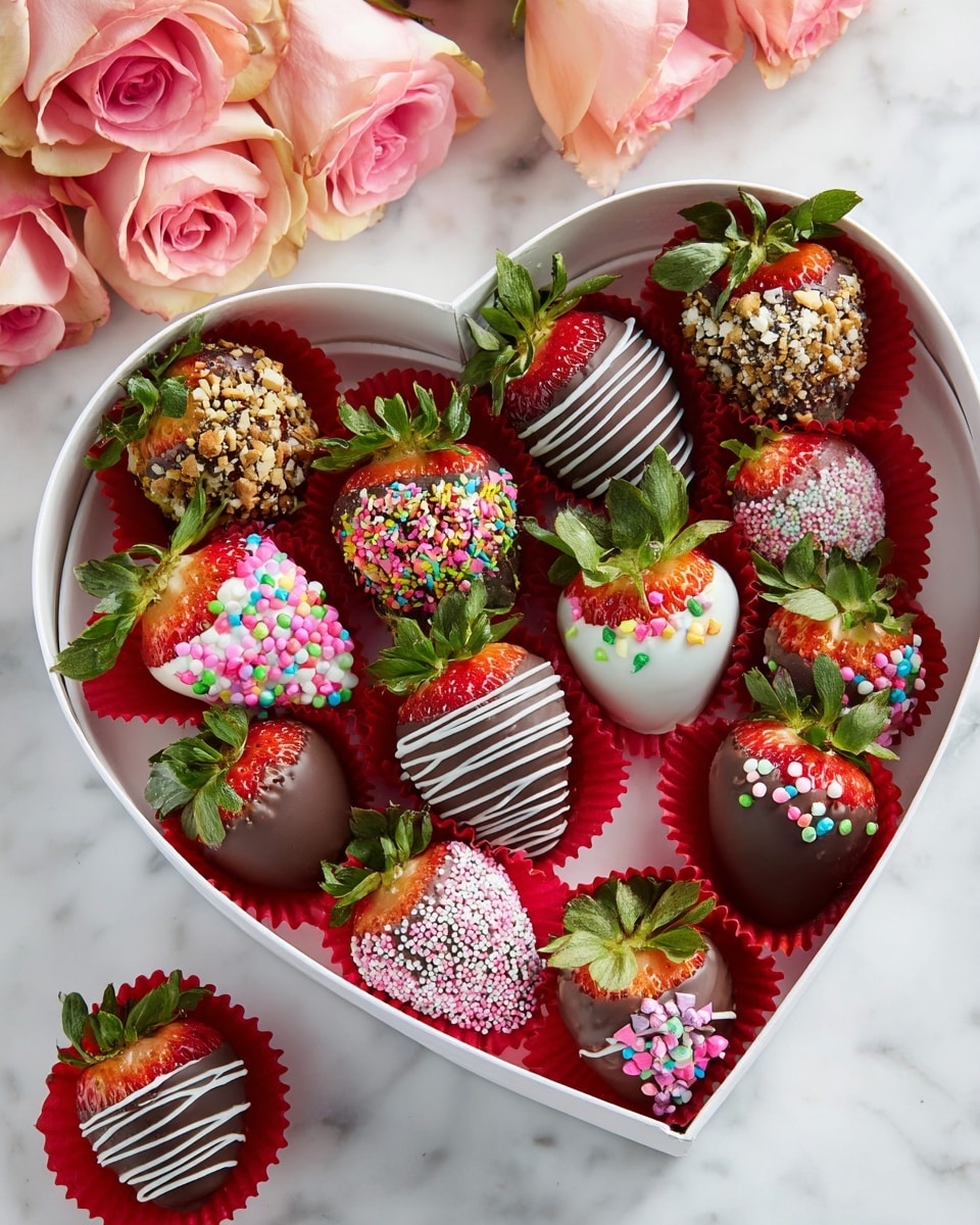 A collection of ripe red strawberries, each dipped in smooth dark chocolate covering about half of the fruit from the bottom up, with their green leafy tops exposed. Some strawberries are decorated with various toppings: tiny colorful round sprinkles, small pink and red heart-shaped candies, white chocolate drizzle lines, crunchy chocolate chips, and chopped nuts. Each strawberry sits in its own white paper cup arranged on a white marbled surface. The colors are bright and vivid, with contrasting textures from smooth chocolate to rough sprinkles and nuts. Photo taken with an iphone --ar 4:5 --v 7