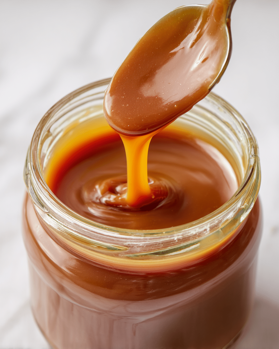 A clear glass jar filled with thick, golden-brown caramel sauce is shown close up, with a spoon lifting some smooth caramel dripping back into the jar, showcasing its glossy and sticky texture. The caramel has a rich amber color with slight variations of caramel tones visible around the edges. The jar sits on a white marbled surface, adding a clean and bright contrast to the warm caramel hues. Photo taken with an iphone --ar 4:5 --v 7