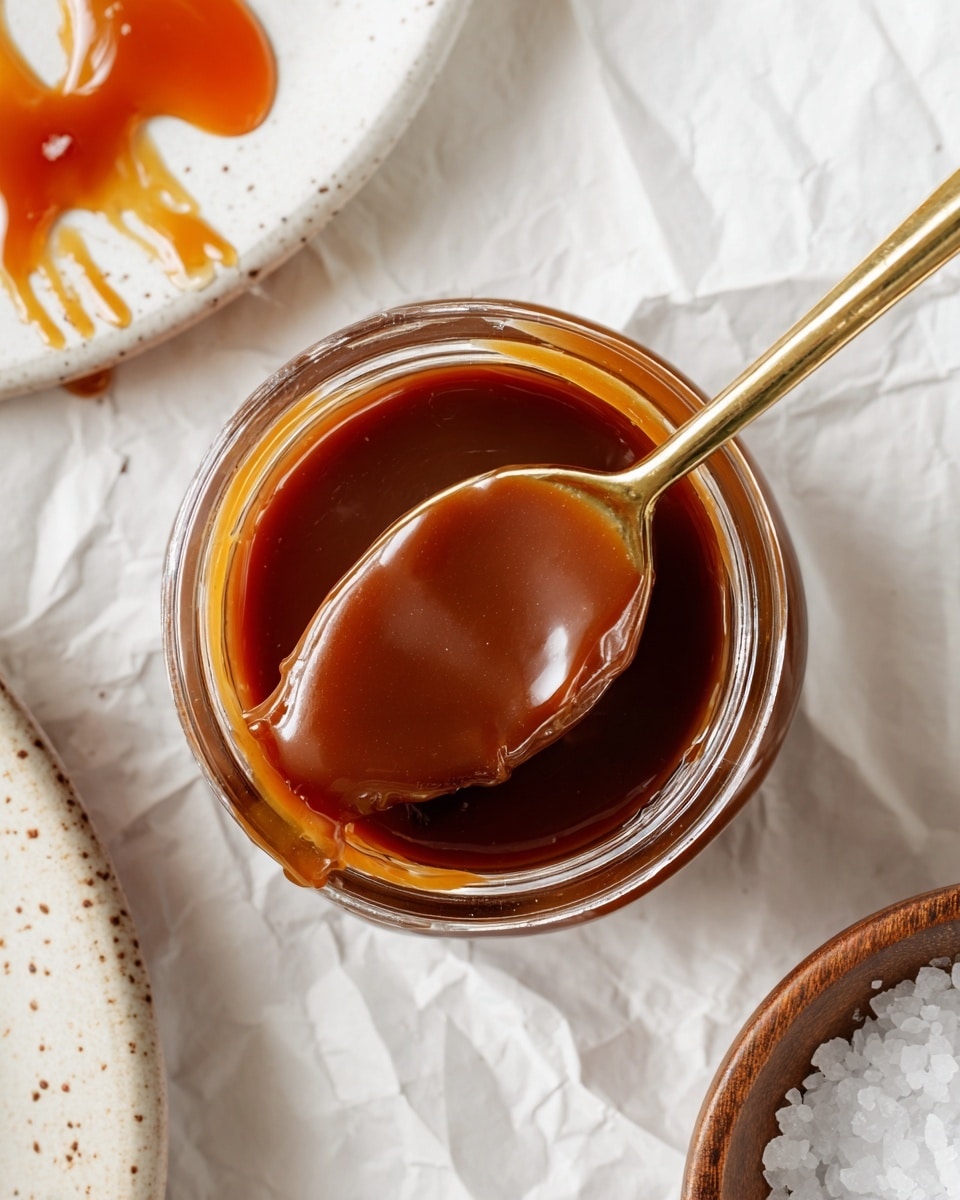 A close-up view of a small glass jar filled with rich, glossy caramel sauce in a deep amber color, with a golden spoon dipped inside, coated with the thick sauce. The jar is placed on a white marbled textured surface with a few drops of caramel spilled near the top edge. To the bottom right, a wooden bowl contains coarse salt grains visible. On the left edge, part of a white plate with a speckled design is slightly visible. The background is soft and crumpled white paper slightly creased. photo taken with an iphone --ar 4:5 --v 7