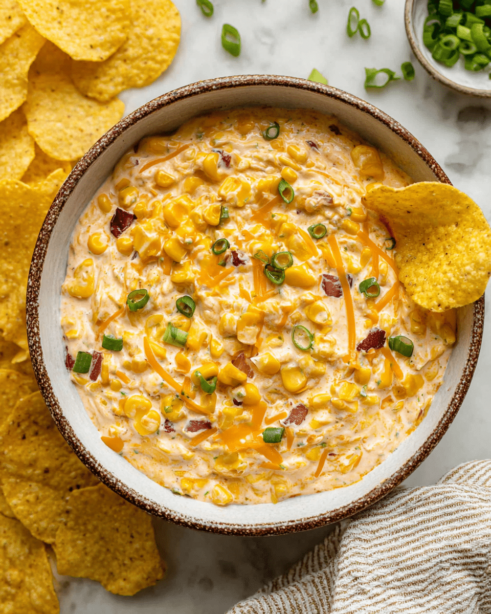 A creamy dip filled with bright yellow corn kernels, shredded orange cheese, chopped green onions, and small pieces of red and dark brown vegetables sits inside a white bowl with a rough brown rim. The dip is thick and smooth with mixed textures from the corn and veggies. A yellow chip is dipped into the right side of the bowl, and more yellow chips are scattered on a white marbled surface around the bowl. Some chopped green onions are also scattered on the surface near the top right. A beige and white striped cloth is partially visible at the bottom right corner. Photo taken with an iphone --ar 4:5 --v 7