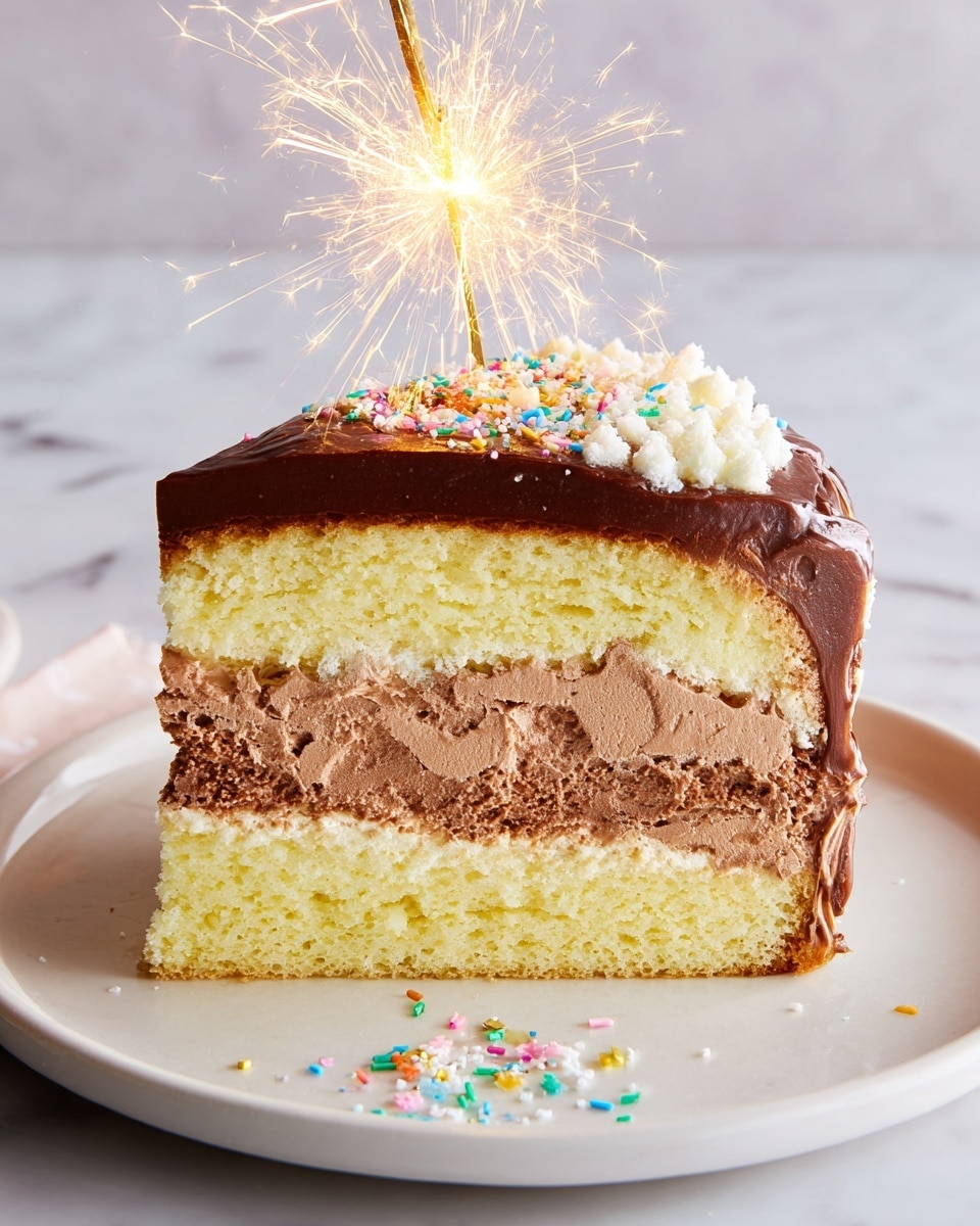 A slice of cake sits on a white plate with a white marbled surface underneath. The cake has three main layers: the bottom and top layers are light yellow sponge cake with a soft, airy texture, while the middle layer is thick and fluffy chocolate mousse with a smooth and creamy look. The top of the cake is covered with a shiny, dark chocolate glaze. A lit sparkler is placed on top of the cake, sparkling brightly and adding a festive feel. Small colorful confetti pieces are scattered near the plate. photo taken with an iphone --ar 4:5 --v 7