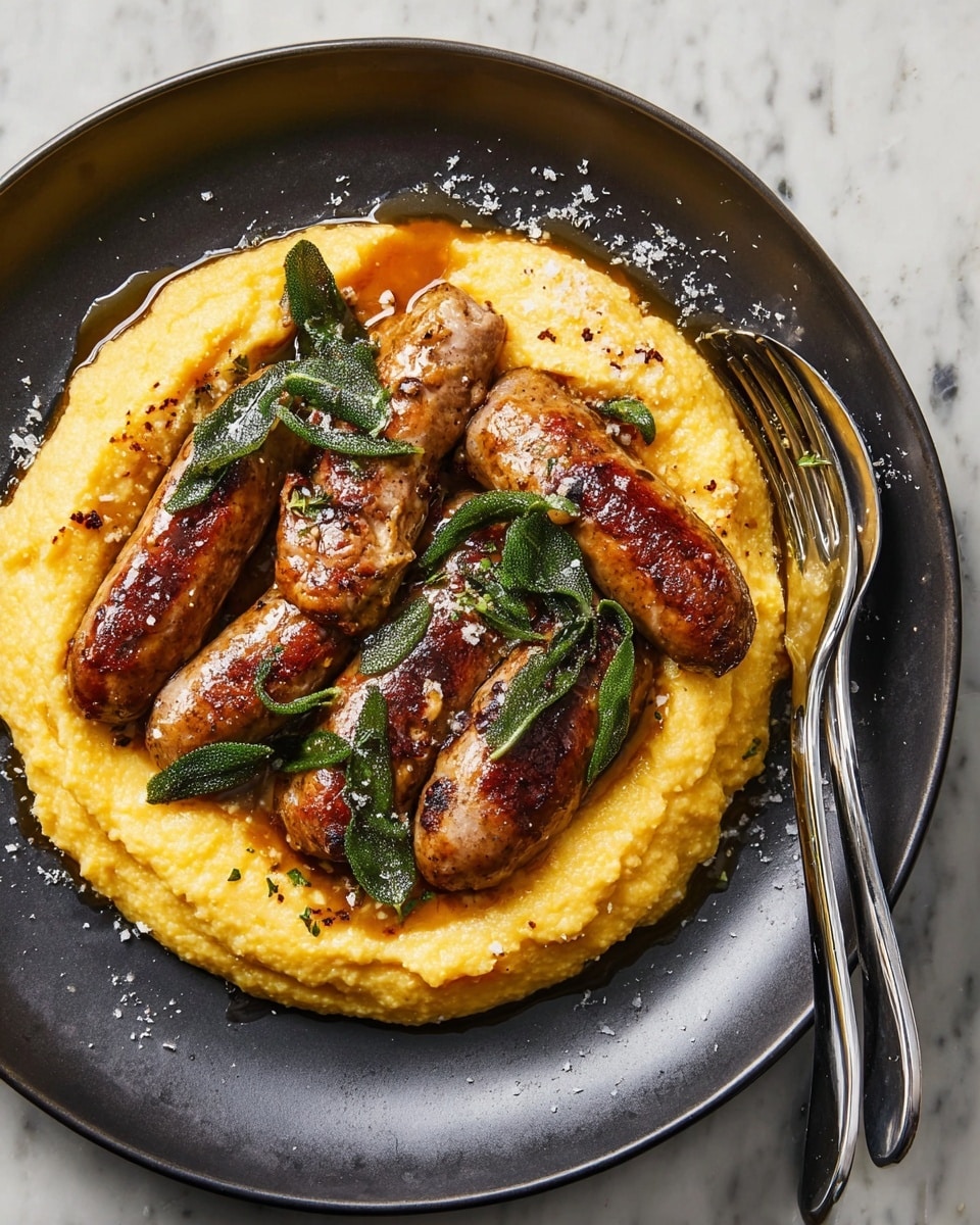 A black plate holds a dish with two main layers. The bottom layer is a thick, creamy, bright yellow mash spread evenly in a circular shape. On top of the mash, there are five browned sausages placed close together, showing a shiny, slightly crispy texture. Scattered over the sausages and mash are fried green herb leaves with a dry, crisp look. There is a glossy, light brown sauce pooled around the sausages and a few coarse salt flakes sprinkled on top. To the right side of the plate, a shiny metal fork and spoon lean together. The plate sits on a white marbled surface. photo taken with an iphone --ar 4:5 --v 7