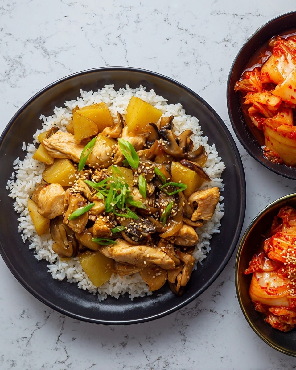 A black plate is filled with a base layer of white rice, topped with a cooked mix of light yellow potato chunks, brown mushrooms, and light brown chicken pieces, all garnished with small green onion slices and sprinkled sesame seeds. Next to it on the right, a smaller black bowl holds bright red and orange kimchi with visible spicy sauce. Both dishes rest on a white marbled surface. photo taken with an iphone --ar 4:5 --v 7